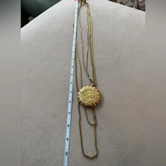 VTG 70s Goldette Statement Pendant Layered Necklace Pocket Watch Style Locket - Picture 9 of 9